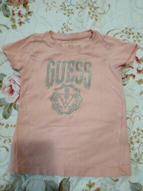 GUESS Pink Short Sleeve Tee with Silver Glitter Logo